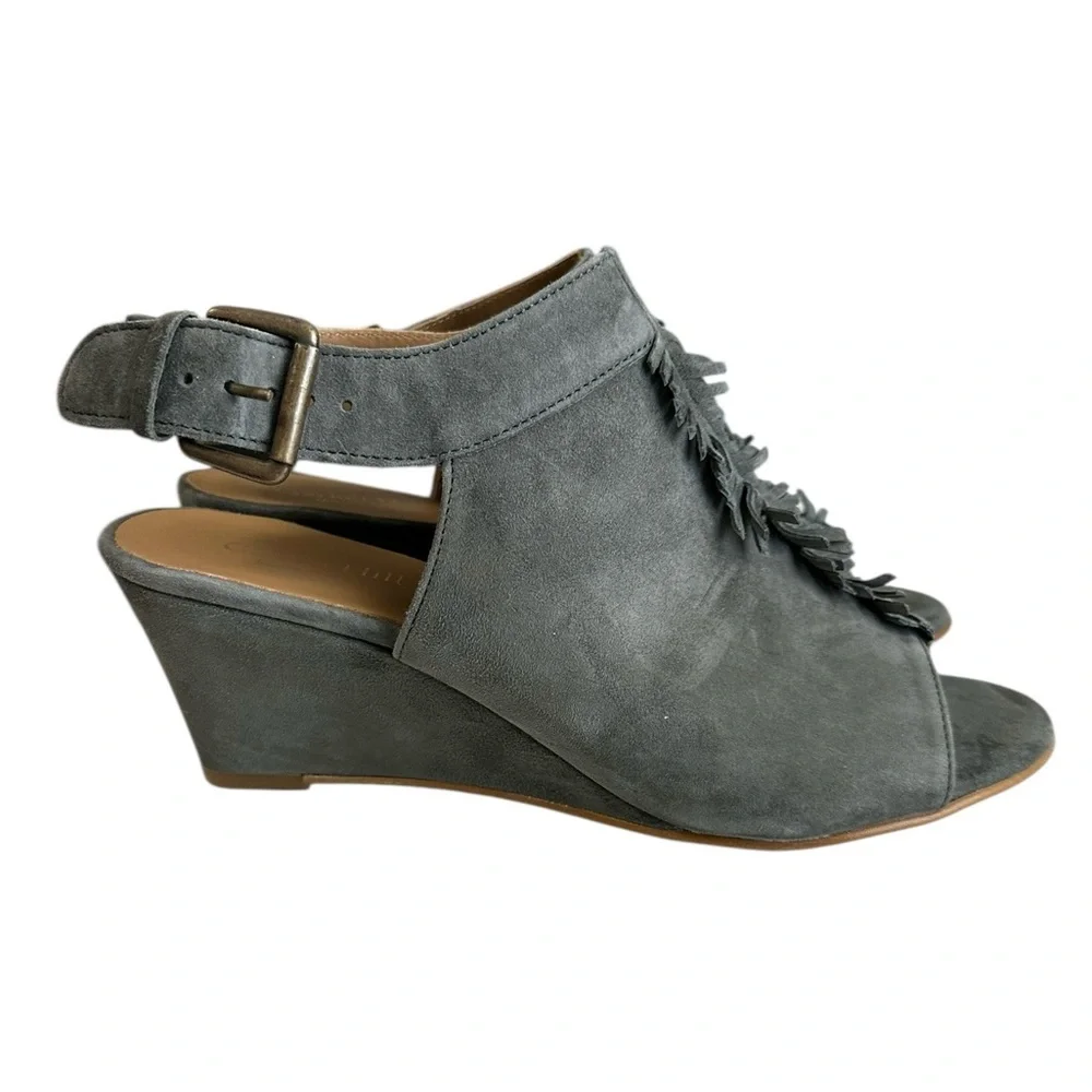Garnet Hill Carmella Wedge Sandals Gray Suede Fringe Wedges Shoes Size 7